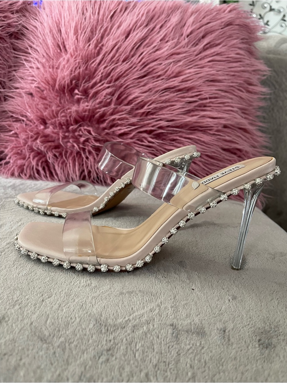Steve Madden Pink Blush Mule Heels with Clear Straps and Crystal Trim